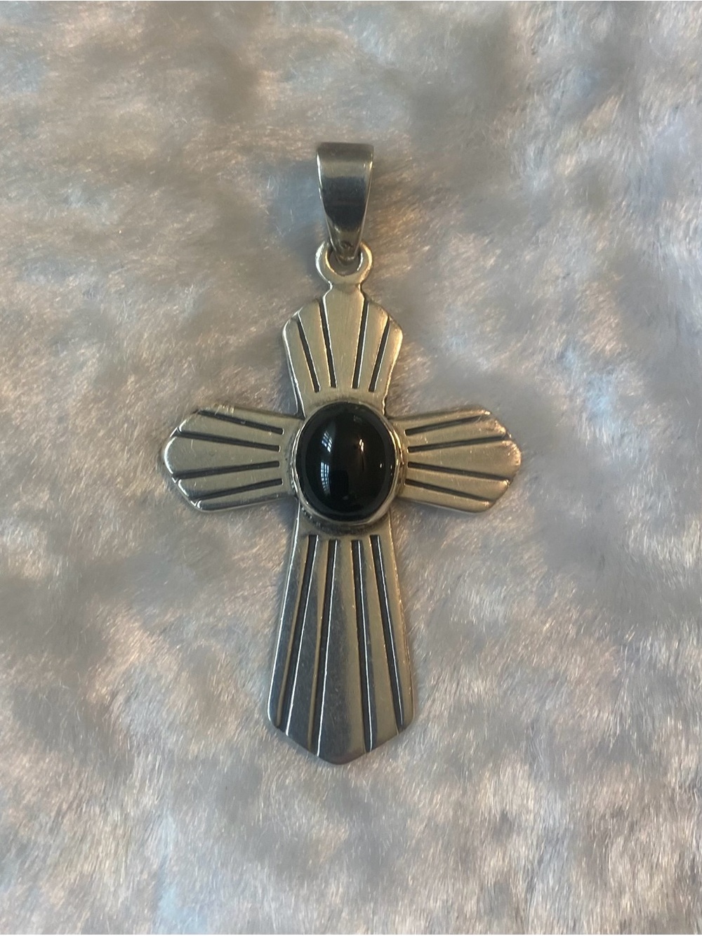 🍀VTG MWS .925 Mexico Sterling Silver Back Onyx Cross Pendant